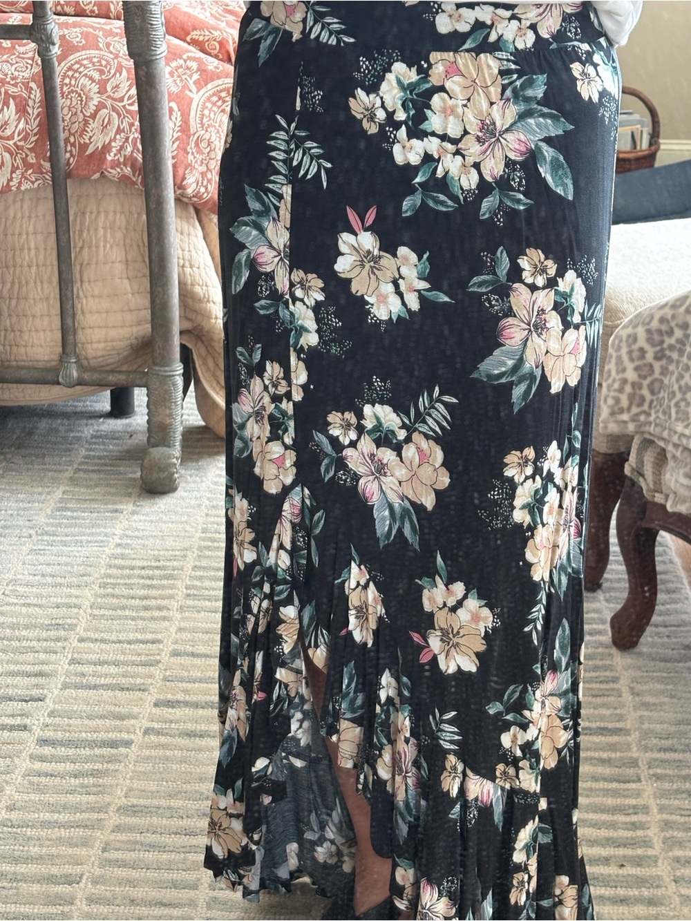 Floral Black Maxi Skirt with Cream & Green Blooms
